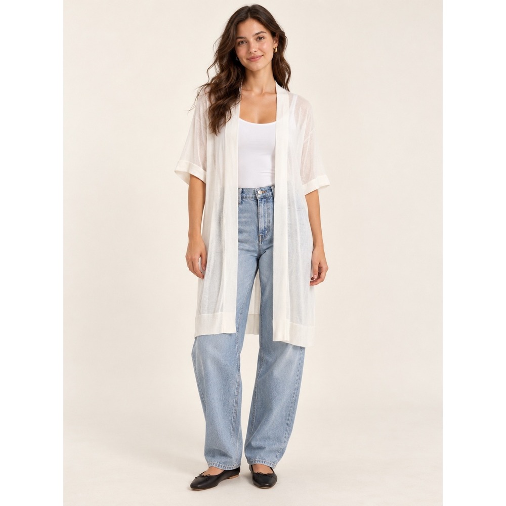 LOFT Outlet Womens White Short Sleeve Open Front Sheer Knit Cardigan Size M
